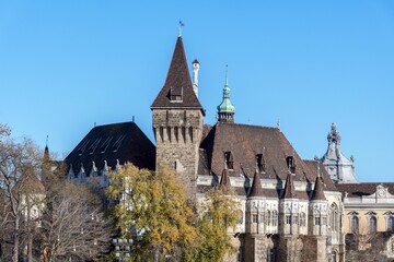 Fototapeta premium Scenic Vajdahunyad castle against the blue sky in Budapest, Hungary