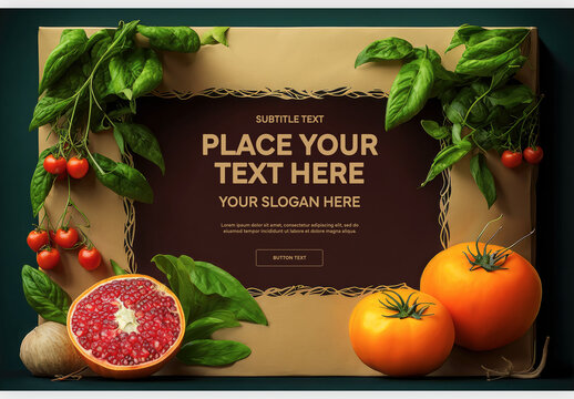 Isolated Tomatoes and Green Vegetables next to Pomegranate and Onion in the Background Template Generative AI
