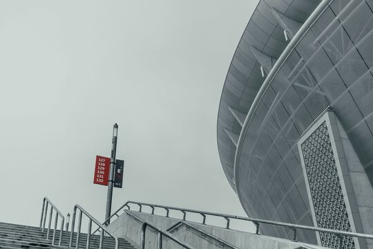Beautiful view of futuristic architecture of Puskas Ferenc stadium in Budapest in Hungary