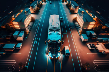 Aerial shot of road transport in evening lights. AI generated illustration.
