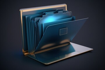 File folder illustration on laptop screen, data storage concept, dark blue background. Generative AI