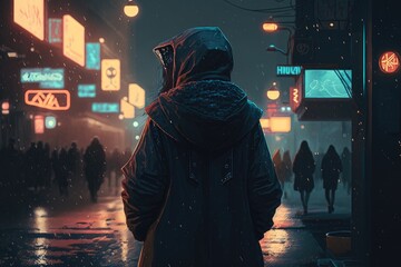 A wondering person on a street at night generated by AI