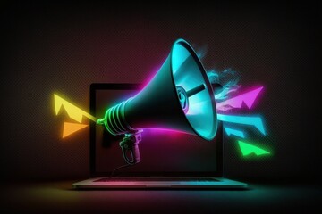 Illustration of megaphone on laptop screen, dark background with colorful neon lights. Generative AI