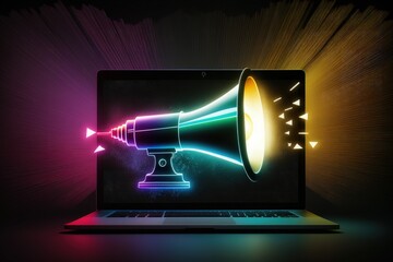 Illustration of megaphone on laptop screen, dark background with colorful neon lights. Generative AI