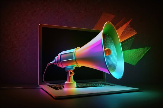 Illustration of megaphone on laptop screen, dark background with colorful neon lights. Generative AI