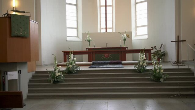 Interior of a Lutheran church, approaching the altar
