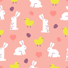 Obraz na płótnie Canvas Seamless pattern with Easter rabbits, chickens, eggs and hearts. Cutout colorful elements on pink background.