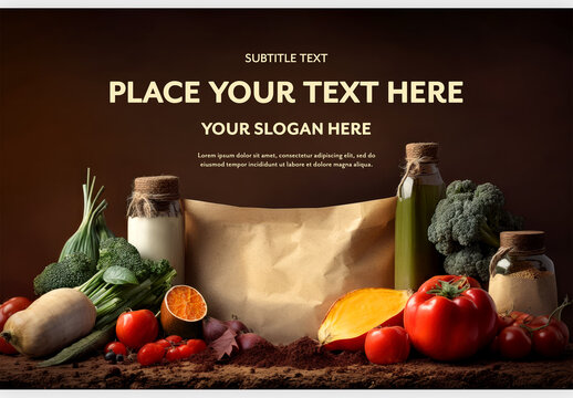 Brown Paper Bag Next to Broccoli with Tomato and Cherry, Jar and Green Juice and Vegetables Mockup Generative AI
