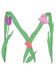 Letter M of English alphabet from tulip flowers, floral font for spring Mother's Day design