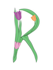 Letter R of English alphabet from tulip flowers, floral font for spring Mother's Day design