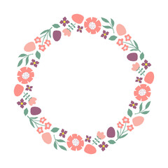 Colorful frame with cutout branches, flowers and easter eggs. Design element for greeting card, invitation, poster, social media.