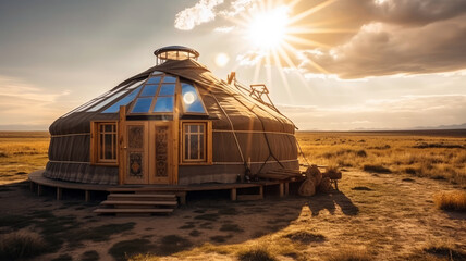 Solar-Powered Yurt with Scenic Background and Space for Text (created with Generative AI)
