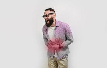 Portrait of a handsome caucasian guy isolated over white studio background showing how much his...