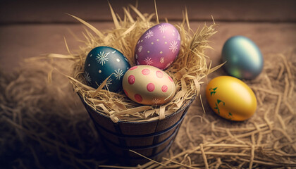 Fototapeta na wymiar Set of Easter eggs in a basket