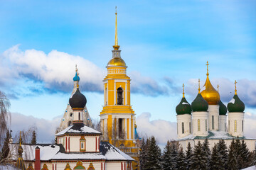 Fototapeta na wymiar Domes of churches and the Bell Tower of the Cathedral Square of the Kolomna Kremlin