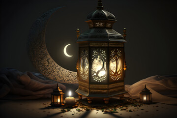 Arabic lantern with burning candle shining at night on a table, moon in the evening sky, Ramadan, space for text, Generative AI