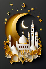 Paper cut vector illustration with mosque and moon,  clouds, golden, dark gray and white color, Ramadan, Generative AI 3
