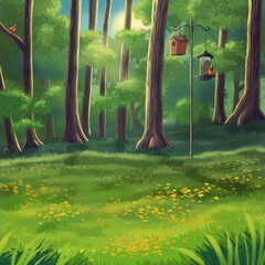 Backyard with birdfeeder backing up to forest