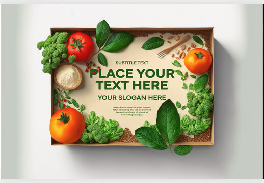 Detail Paper Box with Tomatoes and Green Vegetables and Grapes Fruits Mockup Generative AI

