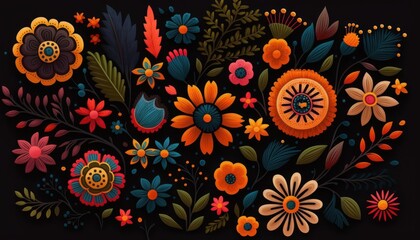 Dia De Los Muertos background. Day of the Dead background. Flower ornament on a black backdrop.