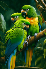 Three green parrots. Generative AI.
