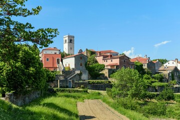 Idyllic village of Oprtalj in countryside of central Istria in Croatia