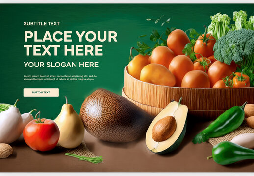 Horizontal View of Wooden Bowl Filled with Broccoli and Tomatoes Next to Avocados and Pears Mockup Generative AI
