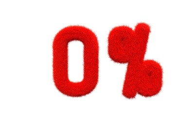 0% red fur 3D render, fluffy  promotion and discount price illustration 