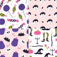 Cute Halloween seamless patterns set, cartoon flat vector illustration. Childish holiday backgrounds with cute pumpkins, candies, vampire and witch accessories.