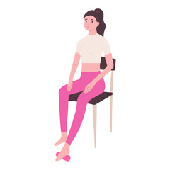 Woman sitting and exercising with foot roller - flat vector illustration isolated on white background. Smart fitness workout. Yoga and pilates equipment. Physiotherapy and rehabilitation.