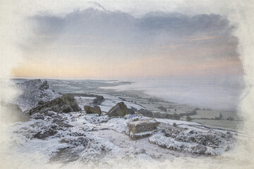Winter digital watercolour painting of a sunrise cloud inversion, and snow at The Roaches, Staffordshire.