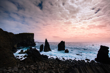 Amazing west coast of Iceland, Island, Valahnúkamöl, during sunset, landscape with sea, ocean,...
