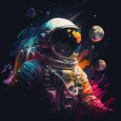 Obraz na płótnie Canvas Astronaut with planets, colorfull, brush splatter. Generative ai