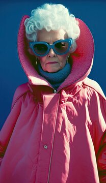 An Older Woman In A Pink Rain Coat And Blue Sunglasses