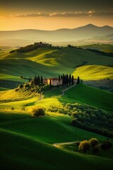 the rolling hills and green fields in the sun set, near pieni, marche