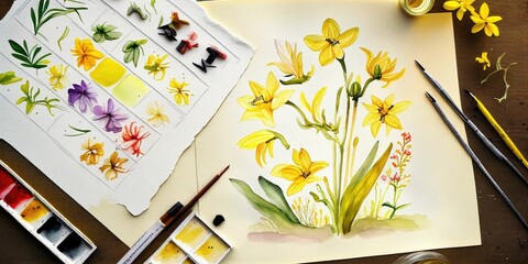 a painting of watercolor daffodils, daisies and other flowers