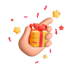 3d vector web element mockup female hand holds yellow present gift box red ribbon bow design illustration