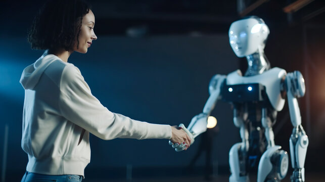 Close up.person and robot ai shaking hands.collaboration and friendship or partner support together.happy and successful.Generative ai