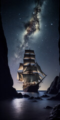 Pirate ship at night, astrophotography style. AI generated illustration