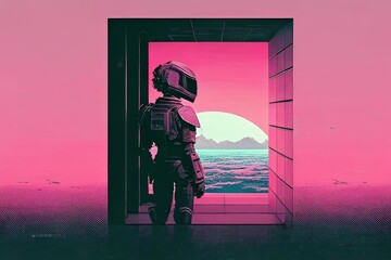 an astronaut looking out a open door at the sun rise