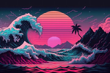 a retro psychedelic wave in the ocean with sunsets and mountains