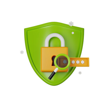 3D shield icon, secure lock password render concept, secret personal data authentication protection. Antivirus badge, internet fraud security safe clipart, PIN entry field. 3D shield padlock design