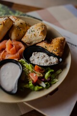 Vertical shot of juicy tasty food displayed in the aesthetic environment at the restaurant