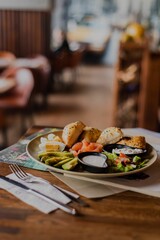 Vertical shot of juicy tasty food displayed in the aesthetic environment at the restaurant