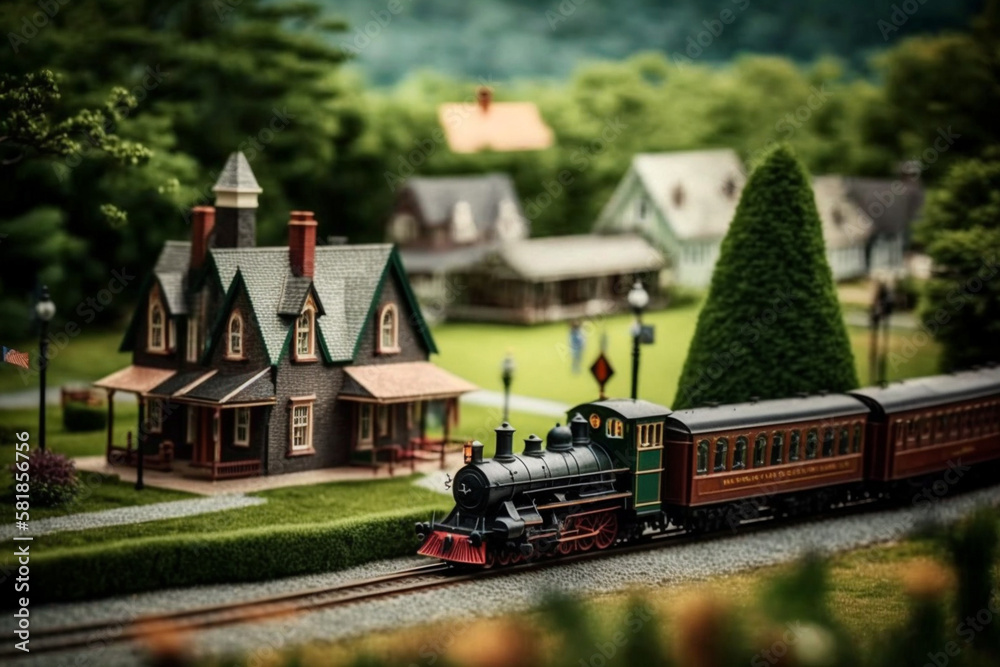 Poster a miniature train passing through a picturesque vill generative ai