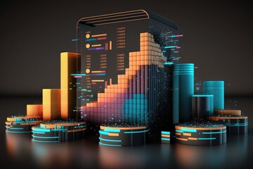 Business graph and bar chart in black background 3d rendering image