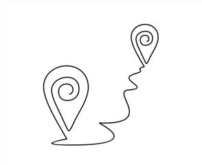Continuous one line drawing Pointing location at map, hand drawn way destination continuous contour,trendy template direction, gps navigation concept.