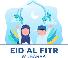 happy Eid fitr mubarak afer ramadhan two child raise up hand. Man with Islamic cap and hijab woman with smile on the top of cloud and dumpling icon and green leafs at moon background.
