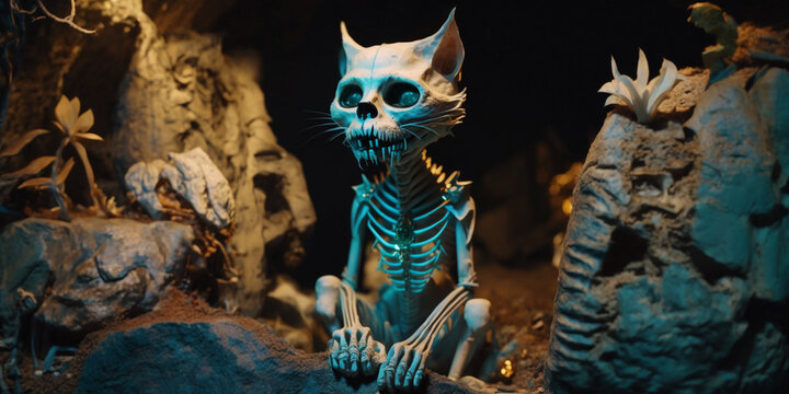 Skeleton Cat Inside A Cave, Generative AI