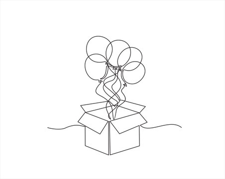 recommend clip art: Continuous One line drawing of Birthday Open Gift box and Balloons inside. Festive present. Birthday celebration concept isolated on white background. Hand drawn design vector illustration